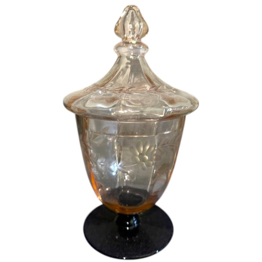 Vintage Fostoria? Floral Etched Pink Glass Lidded Jar - Cobolt Blue Foot